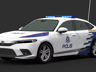 White Police Car With Blue Emergency Lights Stripes POLIS Lettering And Emblem 3d model