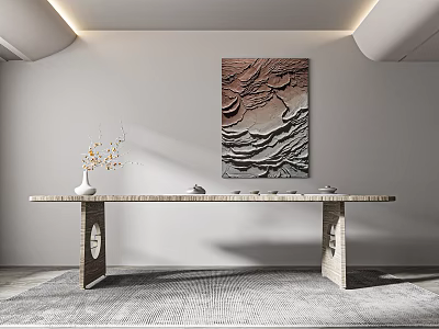 Modern Tea Table And Chairs With Wooden Surface Vase Abstract Wall Painting Patterned Rug 3d model
