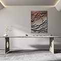 Modern Tea Table And Chairs With Wooden Surface Vase Abstract Wall Painting Patterned Rug