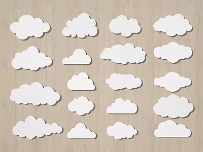 White Cloud Paper Cutouts Arranged Neatly On Wooden Background 3d model