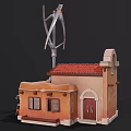Cartoon Scene Featuring Small House With Red Roof Orange Walls Awning Windmill Table And Chairs