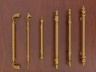 Various Golden Handles with Different Designs for Furniture Doors and Cabinets on Wooden Background 3d model