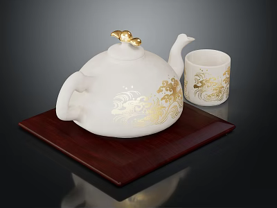 Elegant White Teapot And Mug With Gold Patterns On Wooden Tray 3d model