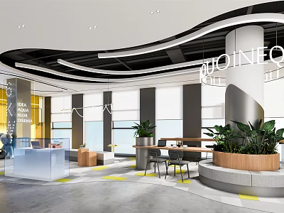 Modern Lounge Area With Curved Ceiling Large Windows Green Plants And Seating 3d model