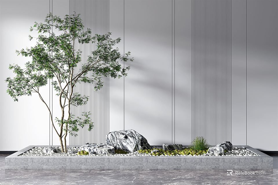 Indoor Landscape With Decorative Tree Natural Stones Green Plants Vertical Striped Wall And Gray Floor 3d model 