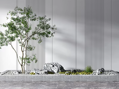 Indoor Landscape With Decorative Tree Natural Stones Green Plants Vertical Striped Wall And Gray Floor 3d model