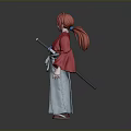 Anime Character In Red Kimono Coat With Gray Pants And Long Red Hair