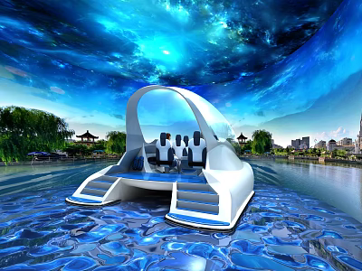 Futuristic White Curved Water Vehicle With Seats On Shimmering Water Surface And Starry Sky Background 3d model