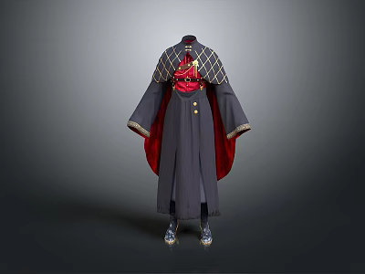Fantasy Character Costume With Red And Gray Robe Golden Decorations And Cloak Boots 3d model