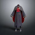 Fantasy Character Costume With Red And Gray Robe Golden Decorations And Cloak Boots