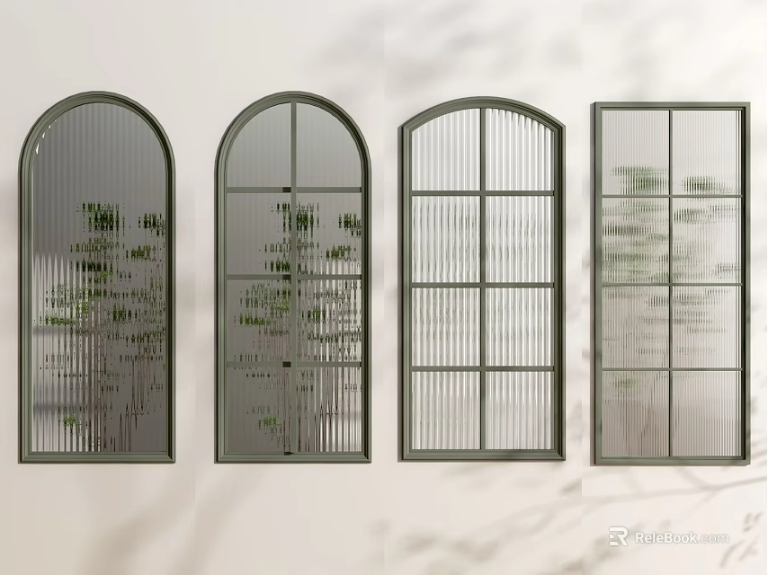 Modern Minimalist Casement Windows With Arched Top Grid Design And Plant Shadows 3d model 