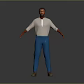 Full Body Man In White Shirt Blue Pants With Red Arms Standing On Gray Background