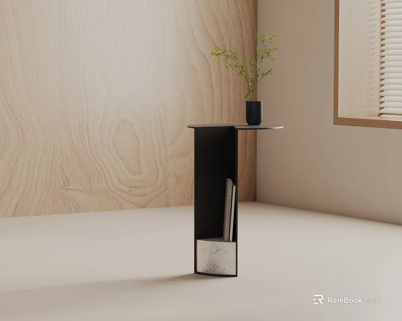 Black Side Table With Round Top Storage Space Storing Books Near Potted Plant Wooden Wall Window 3d model 