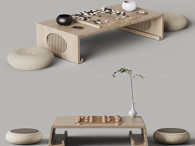 Wooden Table And Seating Set With Chessboard Round Cushions Plant Vase 3d model