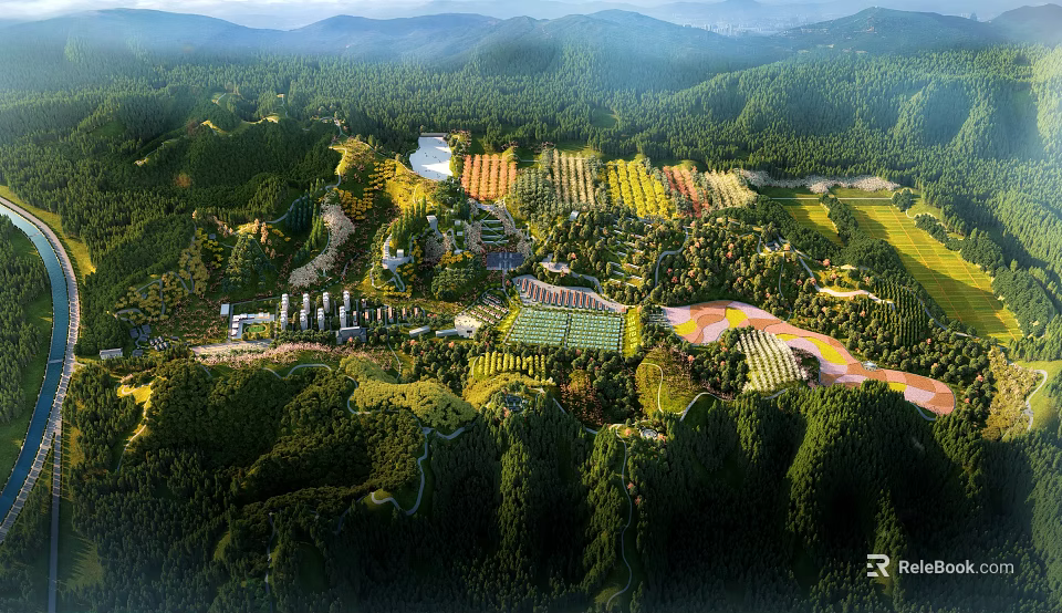 Scenic Mountain Garden Landscape Design With Lush Forest Green Terraces And Winding Paths 3d model 