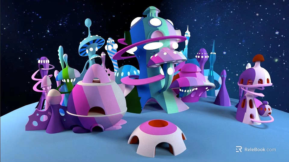Colorful Cartoon Style Commercial Equipment With Mushroom Alien Building Shapes And Starry Sky Background 3d model 