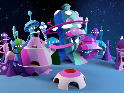 Colorful Cartoon Style Commercial Equipment With Mushroom Alien Building Shapes And Starry Sky Background 3d model