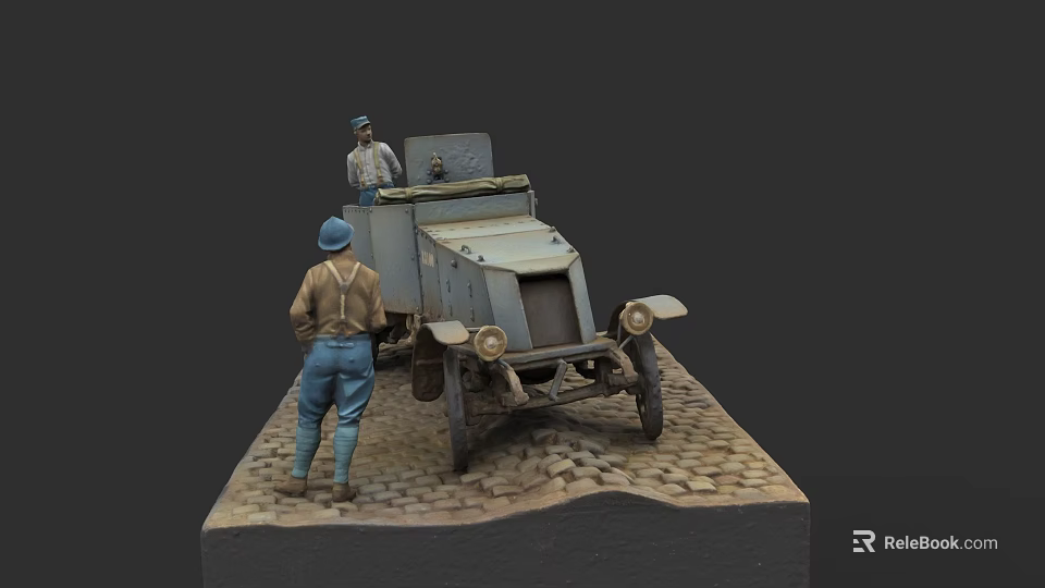 Vintage Military Weapon Vehicle Model Scene With Two Figures On Cobblestone Base 3d model 