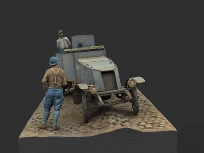 Vintage Military Weapon Vehicle Model Scene With Two Figures On Cobblestone Base 3d model
