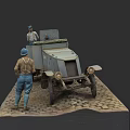 Vintage Military Weapon Vehicle Model Scene With Two Figures On Cobblestone Base