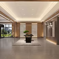 Elegant Modern Hotel Lobby With Wooden Walls Stone Flooring Ceiling Light Strips And Central Green Plant