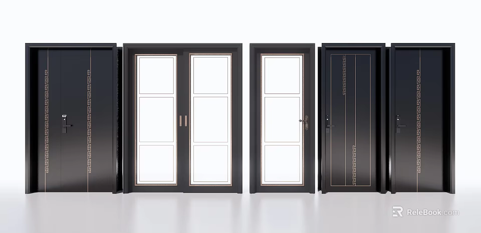 Various Modern Hinged Interior Doors With Black Frames And Glass Panels Design 3d model