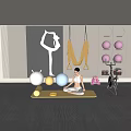 Modern Sports Equipment Setup With Yoga Hammock Fitness Balls Dumbbells And Exercise Bike
