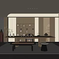Tranquil Tea Room Interior With Wooden Shelves Tea Sets And Natural Light