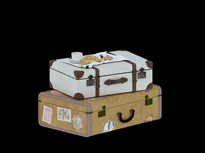 Stacked Vintage Suitcases With White And Brown Design Holding Stickers Cup And Snacks 3d model
