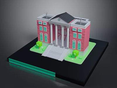 3D Pink Building Model With White Columns Black Roof Steps Green Shrubs On Black Base 3d model