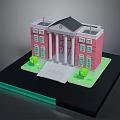 3D Pink Building Model With White Columns Black Roof Steps Green Shrubs On Black Base