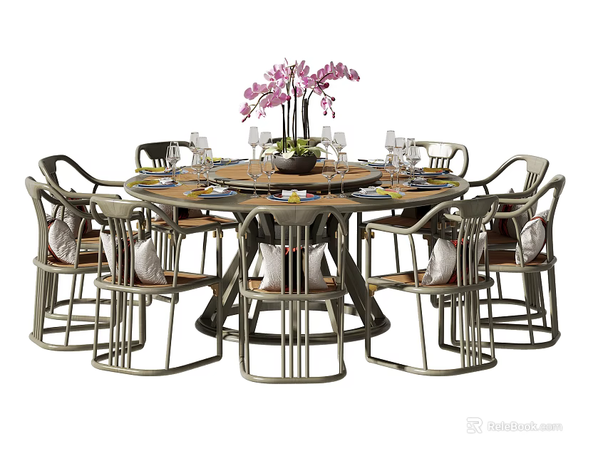 Round Dining Table Set with Chairs Vase Pink Flowers Wine Glasses Tableware 3d model