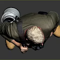 A Man In Green Shirt With Camera Lens Over Shoulder On Gray Background