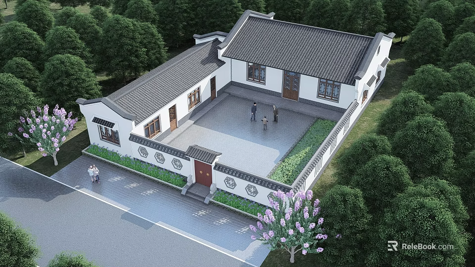 Chinese Style Detached Villa With Tiled Roof White Walls And Courtyard Surrounded By Trees 3d model 