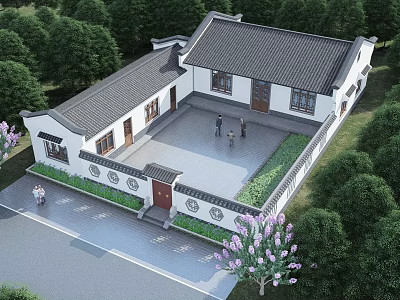 Chinese Style Detached Villa With Tiled Roof White Walls And Courtyard Surrounded By Trees 3d model