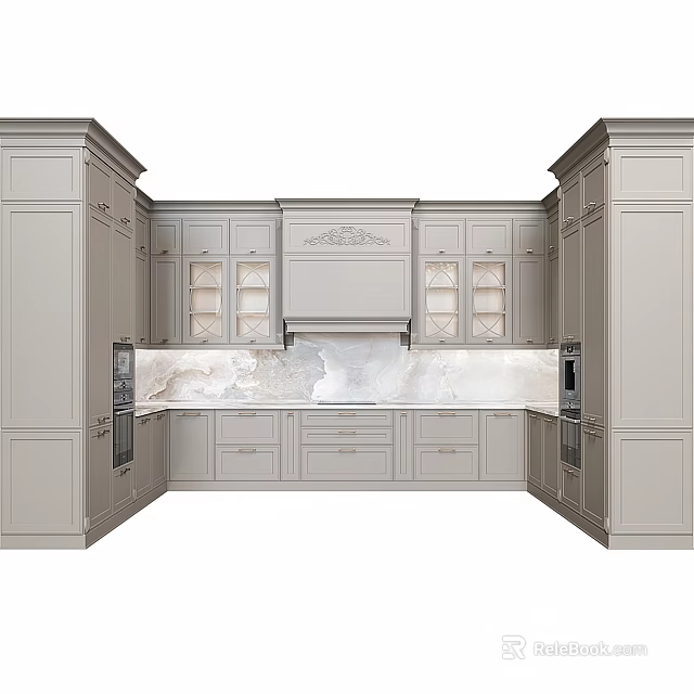Classic Kitchen Interior Featuring Light Gray Cabinets Symmetrical Design And Marble Countertop 3d model 
