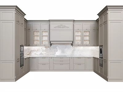 Classic Kitchen Interior Featuring Light Gray Cabinets Symmetrical Design And Marble Countertop 3d model