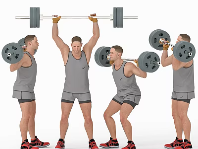 Fit Men Performing Various Weightlifting Exercises With Barbell And Dumbbells 3d model