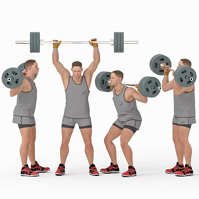 Fit Men Performing Various Weightlifting Exercises With Barbell And Dumbbells 3d model