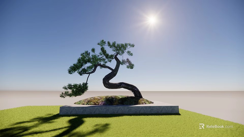 Unique Shaped Arbor Tree on Stone Base Under Bright Sun With Green Grass 3d model 
