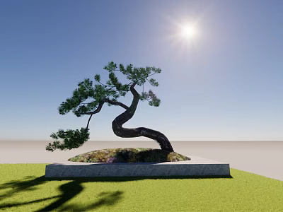 Unique Shaped Arbor Tree on Stone Base Under Bright Sun With Green Grass 3d model