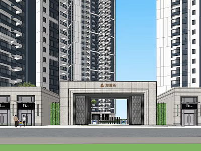 Jinsheng Garden Residential Gateway With High Rise Buildings Shops People Walking And Blue Sky 3d model