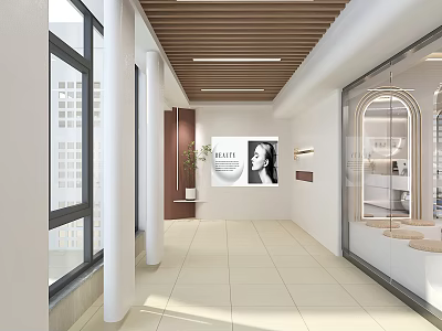 Modern Mall Shop Corridor With Wooden Ceiling Large Windows And Glass Display Cases 3d model