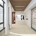 Modern Mall Shop Corridor With Wooden Ceiling Large Windows And Glass Display Cases