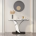 Modern Console Table Marble Top With Vase Books Gold Ornaments Round Mirror On Striped Wall