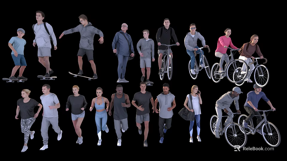 Multiple People Engaged in Various Activities Skateboarding Riding Bicycles Running and Walking 3d model 