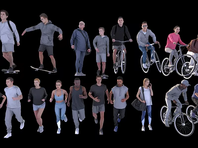 Multiple People Engaged in Various Activities Skateboarding Riding Bicycles Running and Walking 3d model