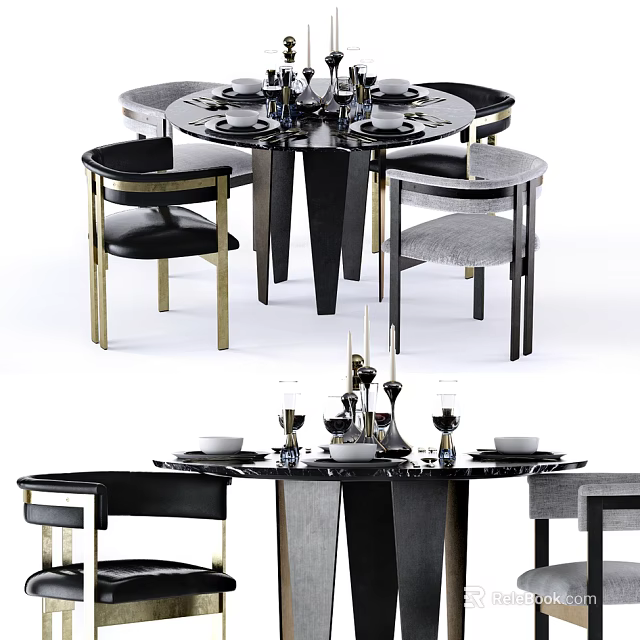Elegant Modern Round Dining Table Set With Black Marble Top Gold Accent Chairs And Tableware 3d model 