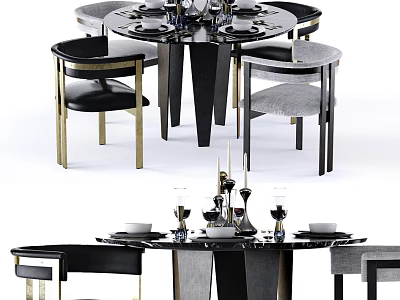 Elegant Modern Round Dining Table Set With Black Marble Top Gold Accent Chairs And Tableware 3d model