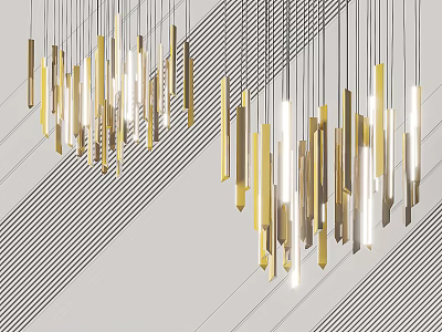 Modern Chandelier Design With Gold And Silver Vertical Tubes On Diagonal Striped Background 3d model